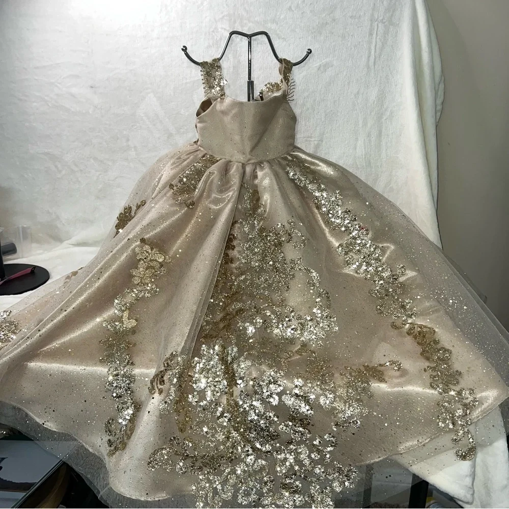 CUSTOM Quinceañera Teddy‎ Bear DRESS ONLY Champagne Gold Sequin W/Train